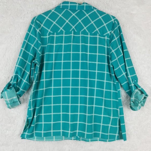 Notations Womens Shirt Top Button Down Blue Check Roll Tab Long Sleeve Petite PL - Picture 3 of 13